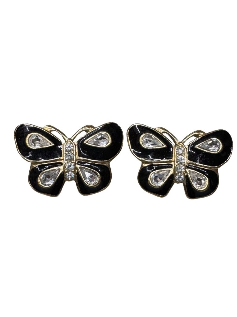 Trifari Black Enamel & Crystals Butterfly Designer Signed Post Earrings Vintage
